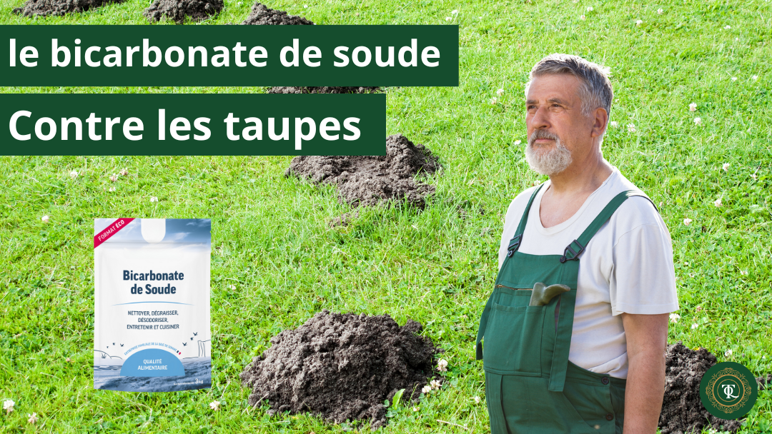 Un homme en salopette verte se tient debout dans un jardin avec des monticules de terre. Texte : "Le bicarbonate de soude contre les taupes". Image d'un paquet de bicarbonate de soude.