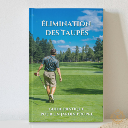 Livre intitulé "Élimination des taupes : Guide pratique pour un jardin propre" montrant un homme sur un terrain de golf, détaupeur, detaupeur, quicktaupe, se debarrasser des taupes, tuer les taupes, éliminer les taupes, faire partir les taupes, faire fuir les taupes, piège à taupe, anti-taupe, solution anti taupe.