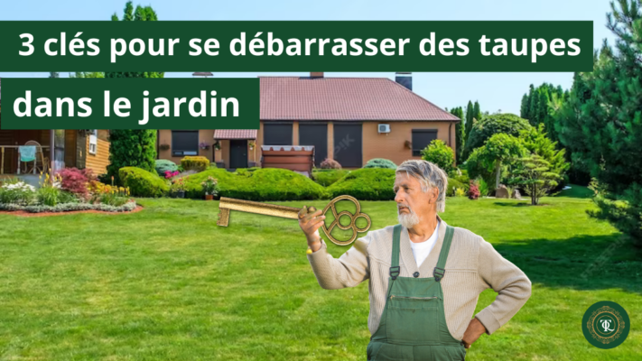 Maison avec jardin, texte "3 clés pour se débarrasser des taupes dans le jardin", homme avec une clé géante, solutions anti-taupe, détaupeur, détaupeur, quicktaupe, se débarrasser des taupes, tuer les taupes, éliminer les taupes, faire partir les taupes, faire fuir les taupes, piège à taupe, anti-taupe, solution anti taupe.