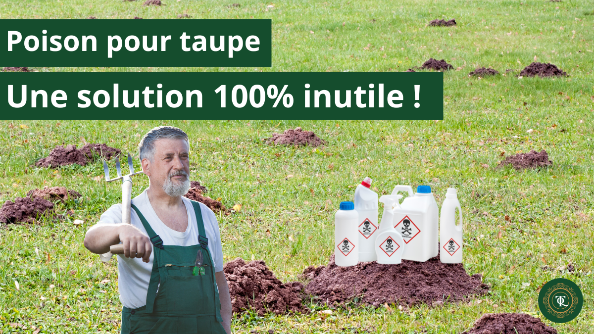 Homme avec une fourche devant des monticules de terre et des bouteilles de poison, texte indiquant "Poison pour taupe: Une solution 100% inutile!", mots-clés incluent détaupeur, quicktaupe, se debarrasser des taupes, tuer les taupes, éliminer les taupes, faire partir les taupes, faire fuir les taupes, piège à taupe, anti-taupe, solution anti taupe.