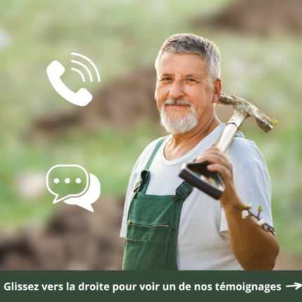 Un homme avec une barbe blanche en salopette verte tient une houe sur son épaule, des icônes de téléphone et de discussion autour de lui, avec du texte en bas indiquant "Glissez vers la droite pour voir un de nos témoignages".